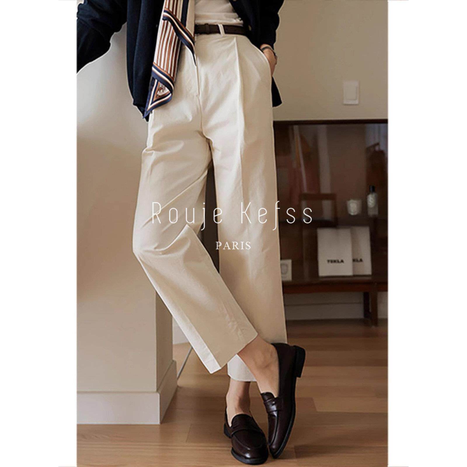 Rouje kefss法式杏色西装阔腿裤女春秋高腰垂感休闲裤九分直筒裤