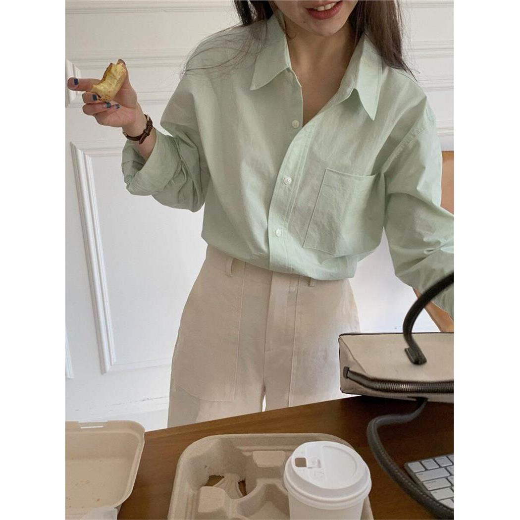 韩国NextMary别致薄荷色长袖衬衫女春季休闲宽松衬衣打底外穿上衣