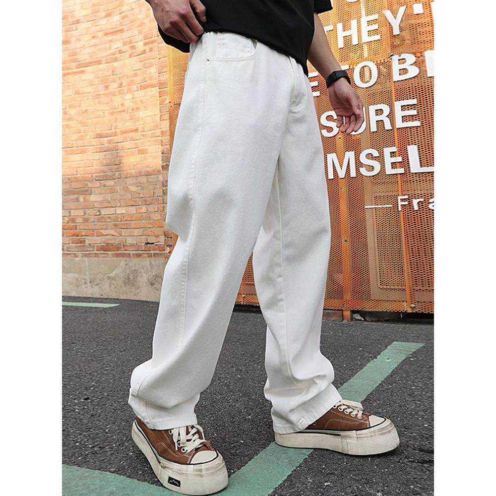 香港潮牌白色牛仔裤男秋季美式vibe高街阔腿拖地裤男士直筒裤子