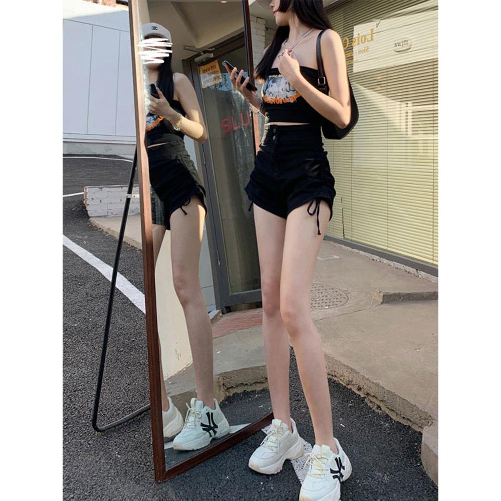 美国高街黑色牛仔短裤女性在夏天小众设计高腰拉绳修身Look a线宽
