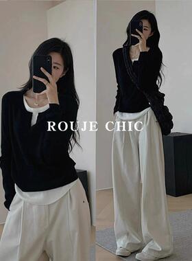 法国ROUJE CHIC法式复古风不规则假两件v领毛衣内搭修身针织衫女