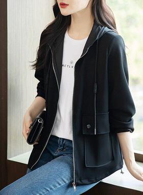 Canary Kiss黑色长袖连帽短外套女2025春秋新款宽松减龄休闲上衣