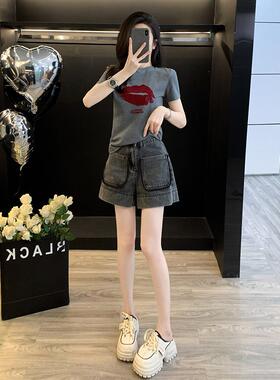 法国Rouje Dsyle休闲套装女新款时尚短袖牛仔短裤两件套减龄显瘦