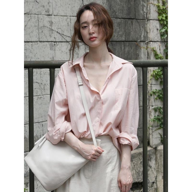 韩国NextMary别致粉色长袖衬衫女上衣秋季设计感小众叠穿内搭衬衣