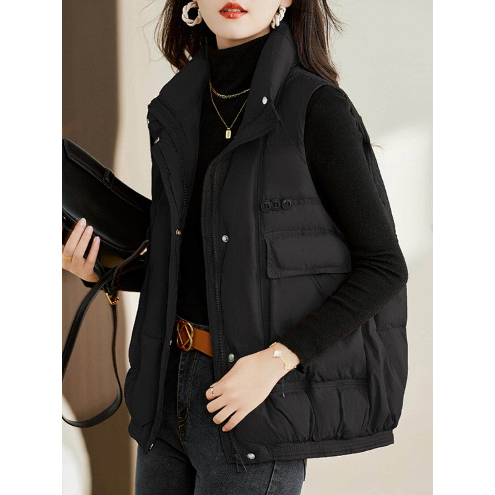 黑色羽绒马甲女短款2025年秋冬季新款韩版宽松白鸭绒无袖背心外套