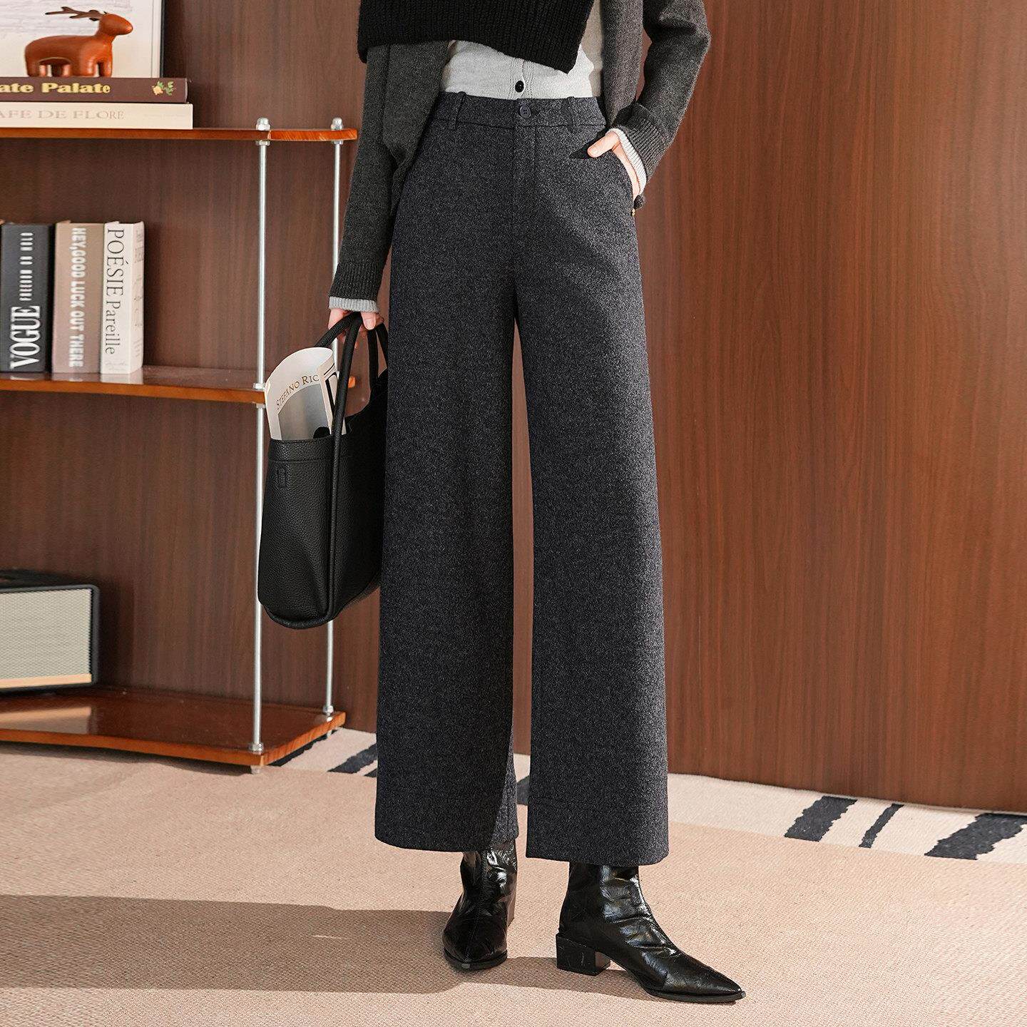 羊毛呢九分阔腿裤女高腰秋冬季新款显瘦直筒休闲西裤时髦百搭靴裤
