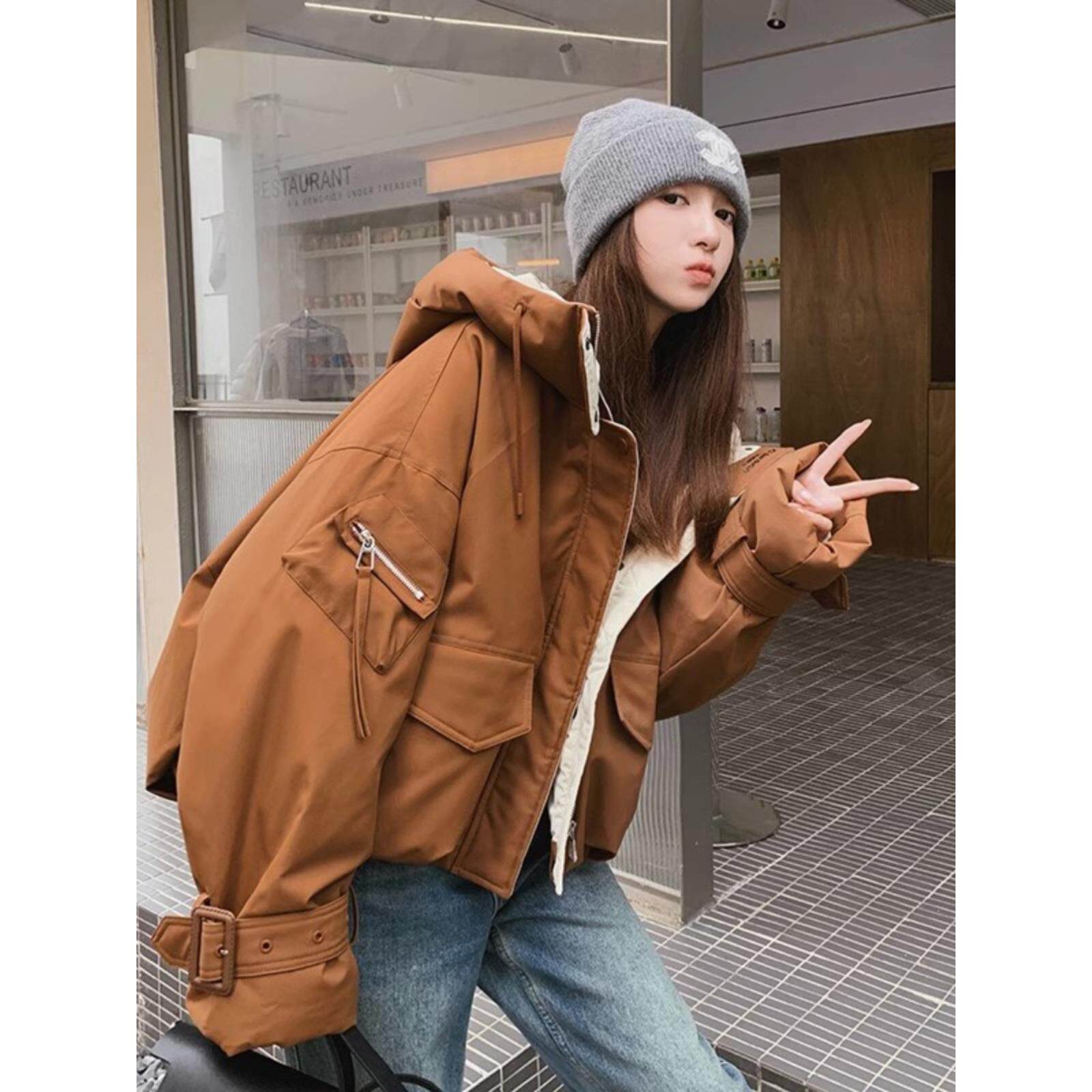 法国Rouje Moaks工装羽绒棉服女冬季2024连帽小个子短款棉衣棉袄