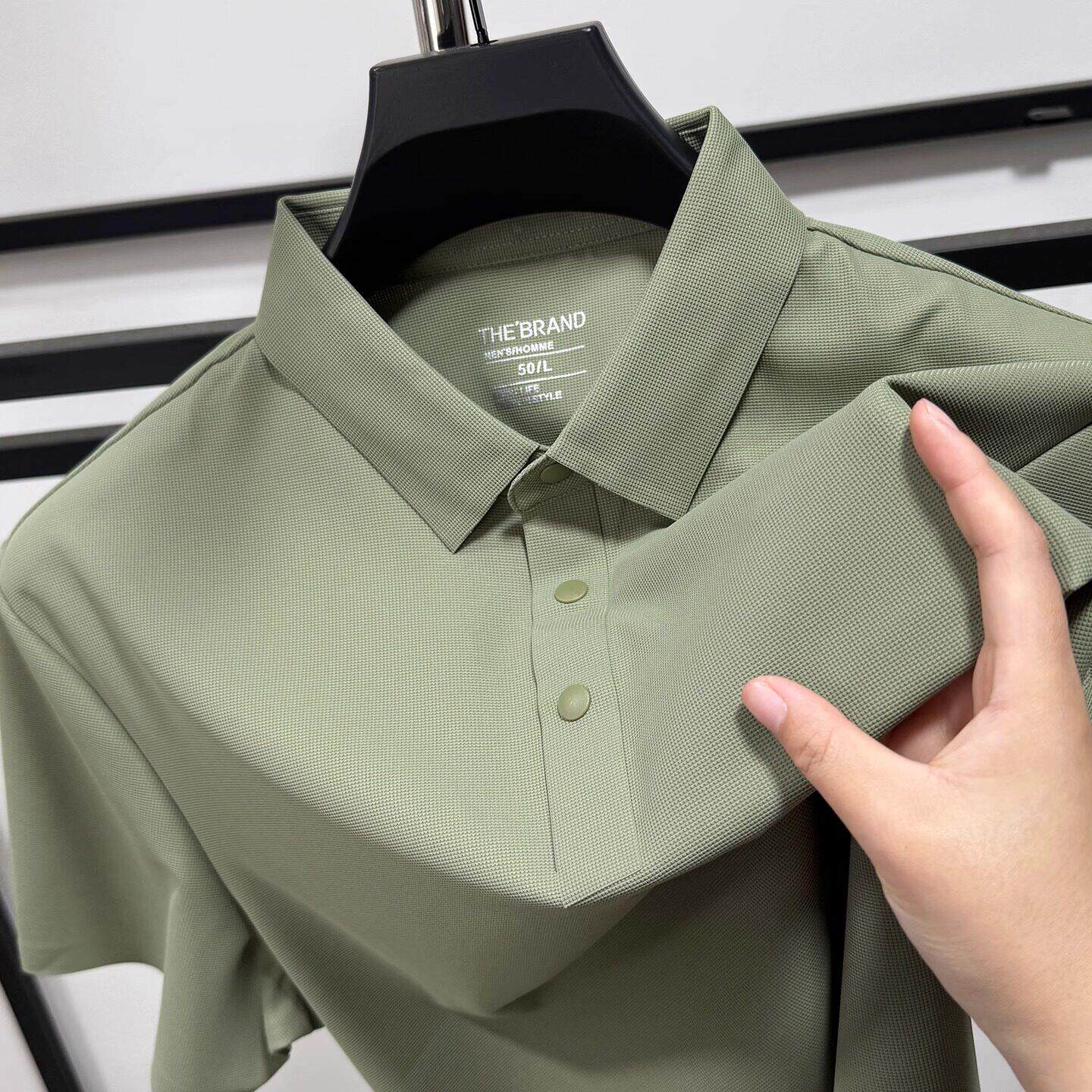 高档华夫冰丝短袖男士夏季纯色百搭衬衫领清凉速干Polo衫半袖上衣