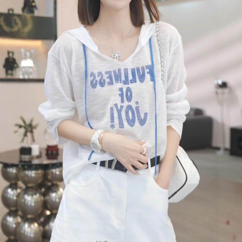 冰丝针织防晒连帽长袖t恤女春秋薄款胖妹妹休闲空调罩衫打底上衣