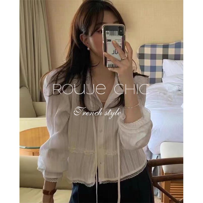法国rouje chic法式白色蕾丝拼接款系带衬衫女夏季薄款长袖衬衫