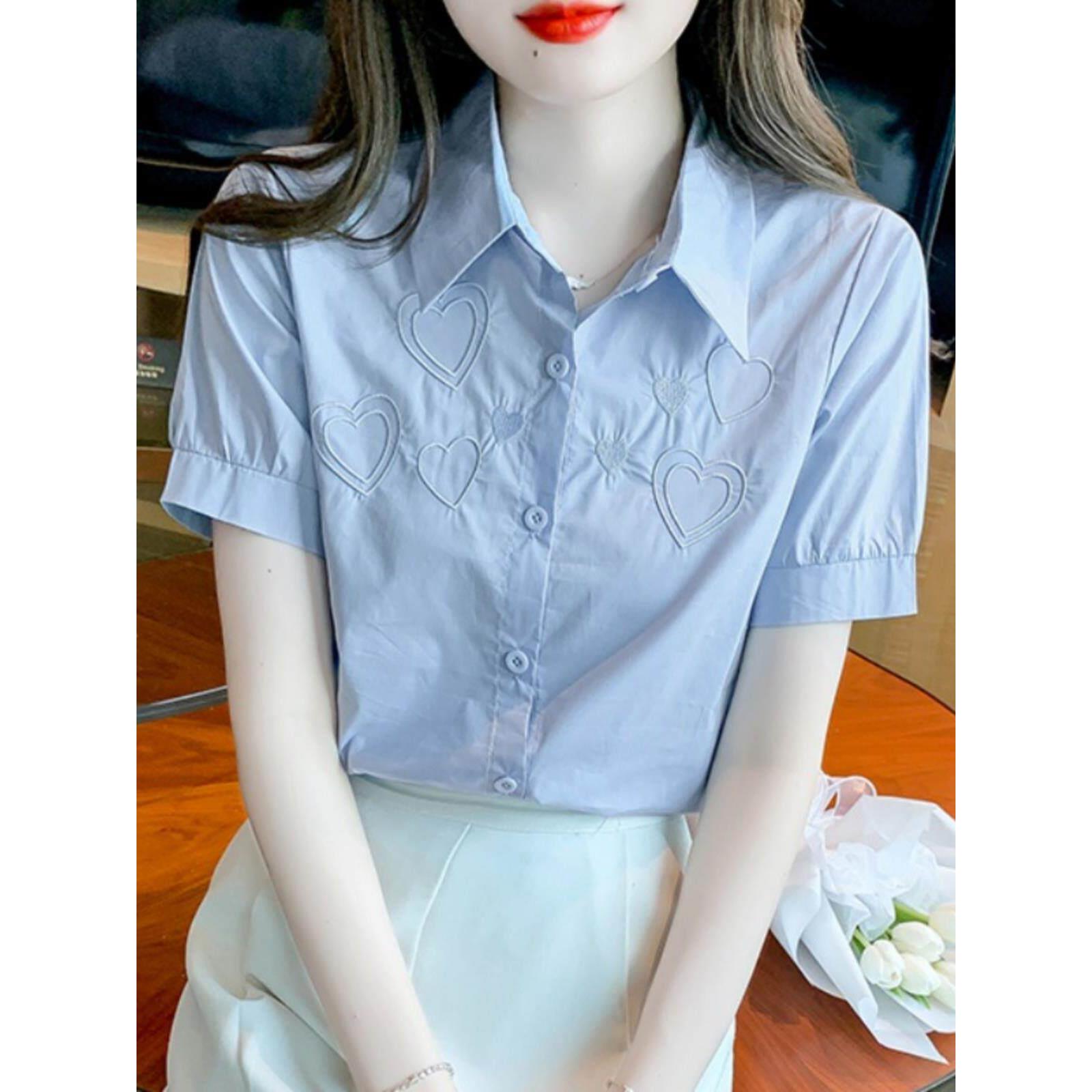 知性优雅刺绣爱心蓝色短袖衬衫女夏季高级感职业通勤上班面试衬衣