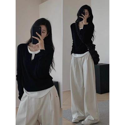 韩国慵懒不规则下摆毛衣女内搭假两件拼接长袖修身打底V领针织衫