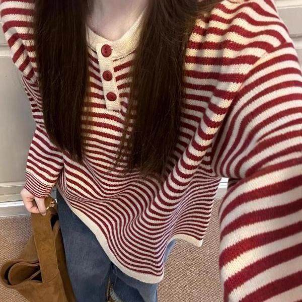 法国Rixo Kelly慵懒感红色条纹撞色针织上衣穿搭百搭简约宽松毛衣,女装/女士精品,毛针织衫,淘宝优惠券,粉丝福利购,淘宝优惠卷