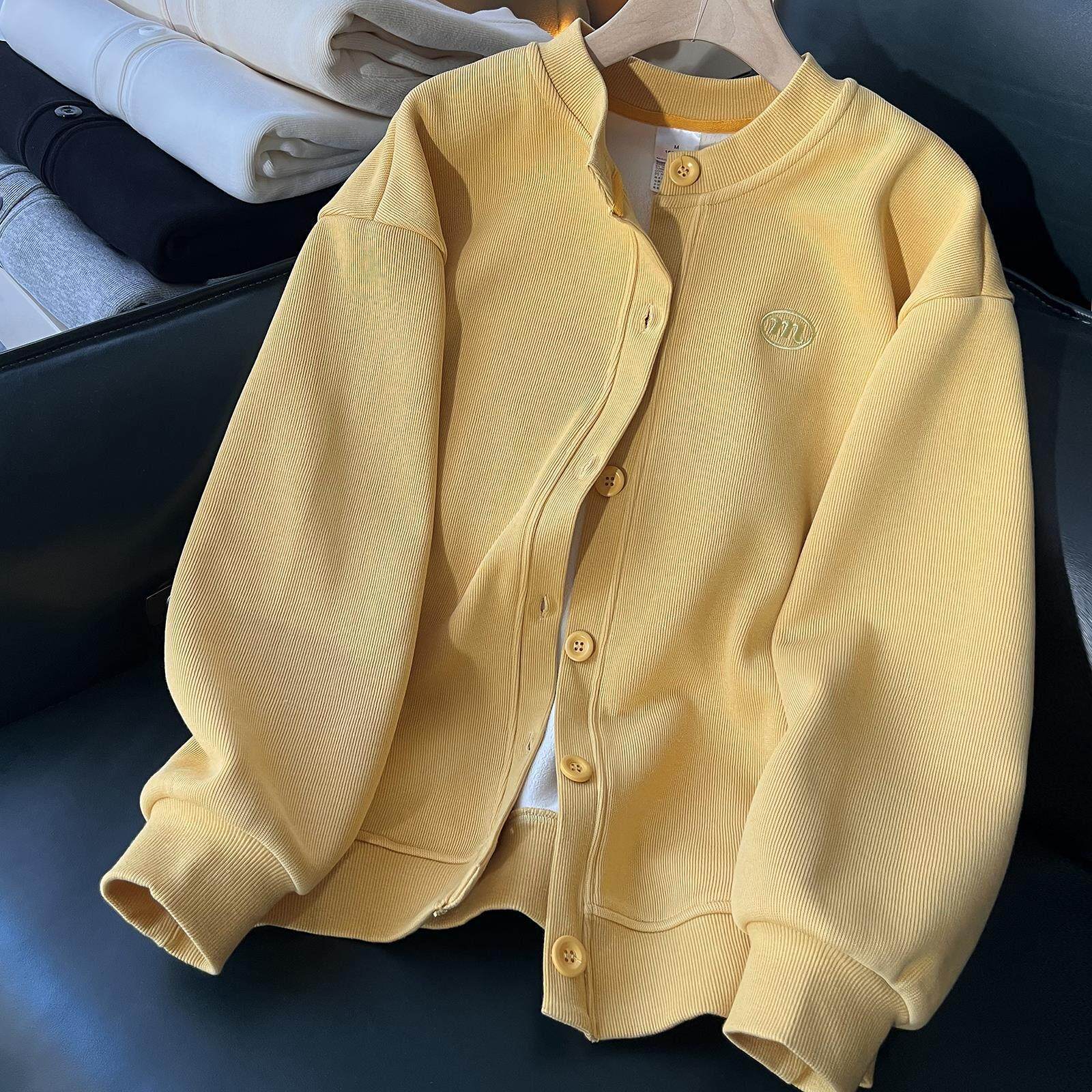 韩国2025春秋黄色卫衣短外套女宽松大码休闲棒球服摇粒绒开衫上衣