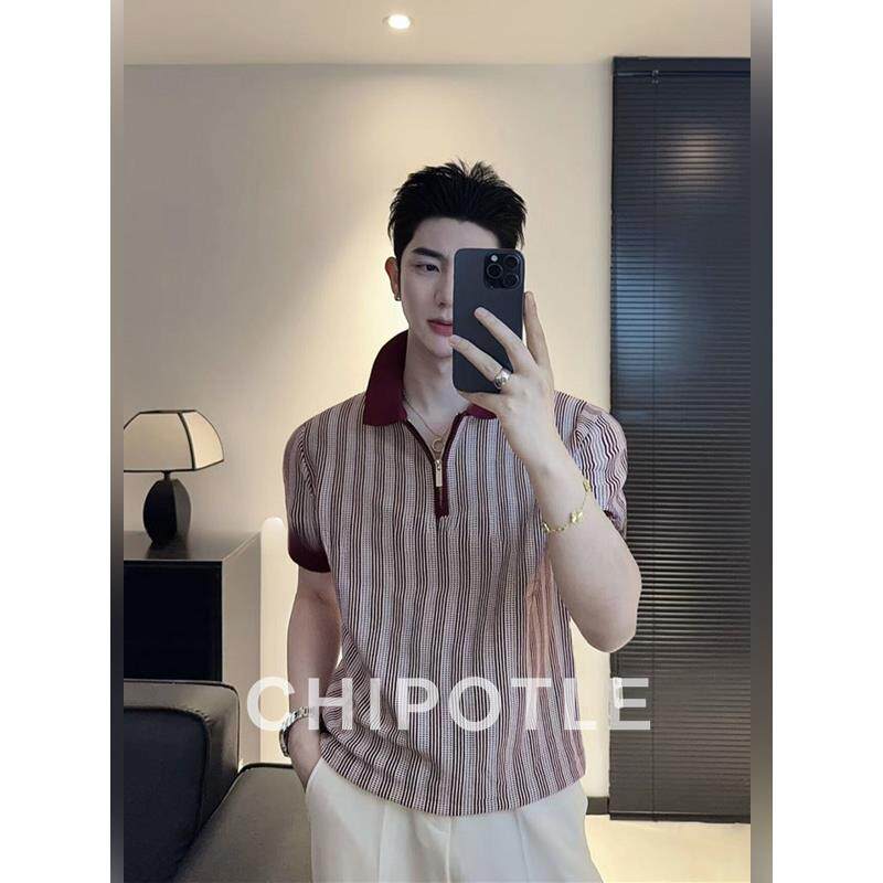 韩国CHIPOTLE老钱风条纹针织冰丝POLO衫男2026夏季时尚短袖t恤潮