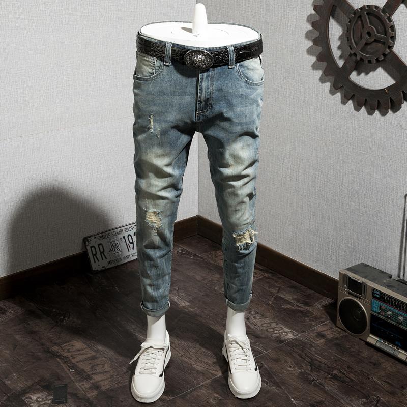 夏季牛仔裤男薄款痞帅潮流浅蓝色乞丐破洞裤弹力修身小脚男士长裤