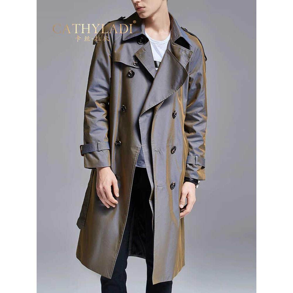 CATHYLADI英伦风变色龙过膝长款男士风衣帅气经典双排扣修身外套