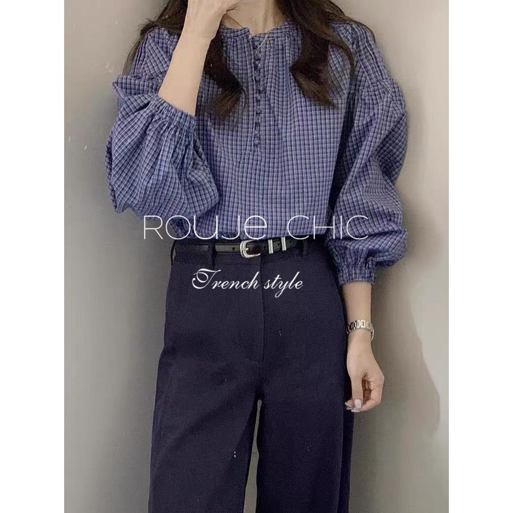 法国rouje chic法式蓝色格纹泡泡长袖宽松衬衫女春小众覆古风衬衣