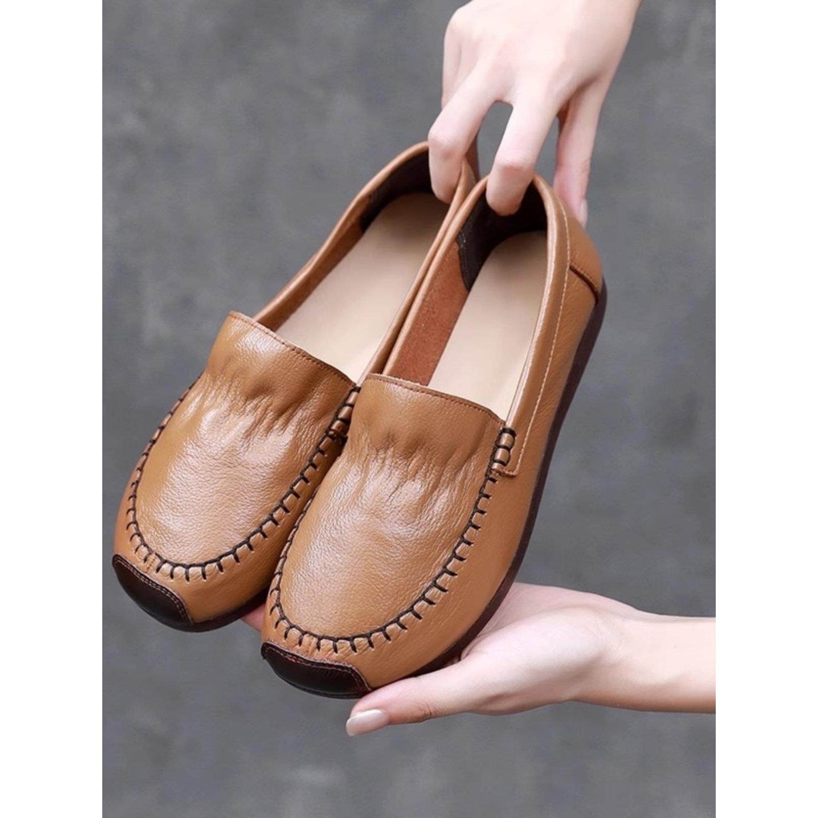 真皮平底单鞋女2025年新款浅口软底妈妈鞋软皮豆豆鞋一脚蹬乐福鞋,女鞋,浅口单鞋,淘宝优惠券,粉丝福利购,淘宝优惠卷
