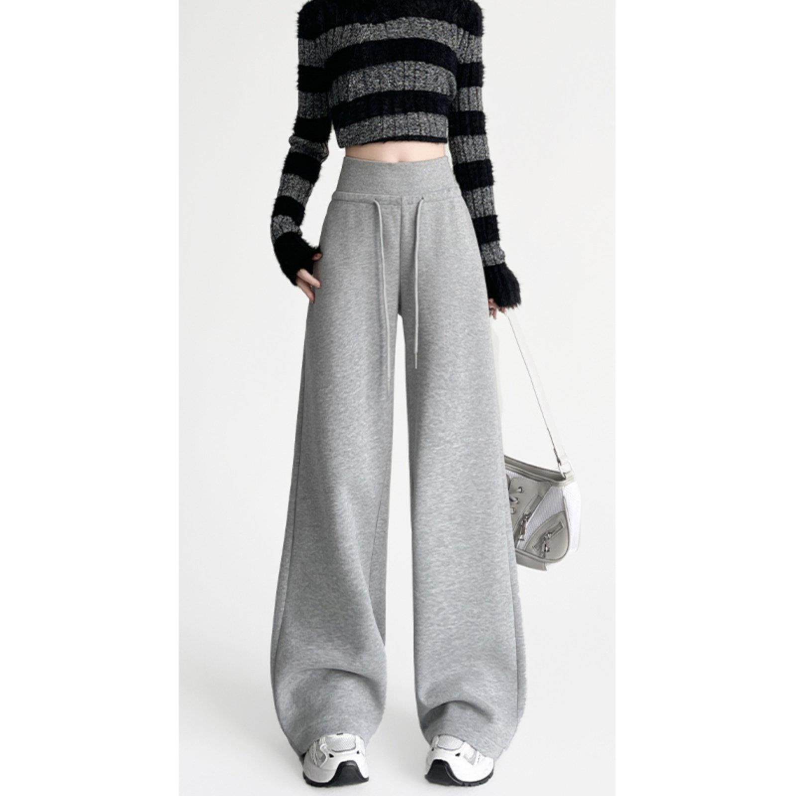 英国Next Road灰色运动卫裤女士加绒加厚松紧腰休闲直筒阔腿裤子