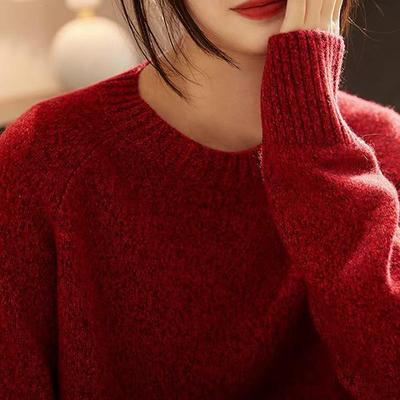 本命年羊绒衫圆领花纱套头毛衣女宽松内搭羊毛新年红色针织打底衫