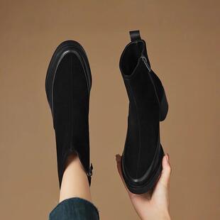 高阶感满满~磨砂真皮厚底粗跟短靴女切尔西靴秋冬新款裸靴5cm