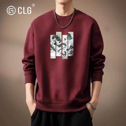 香港CLG潮牌国潮马年本命年圆领卫衣男秋冬宽松休闲百搭红色衣服