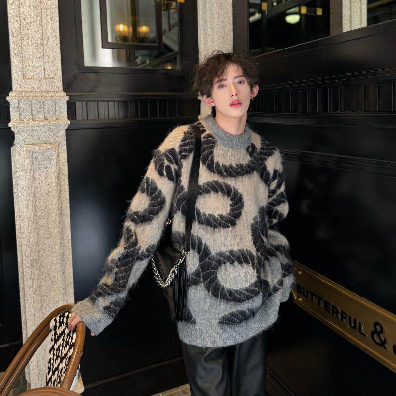 コーデュロイの潮牌费尔岛提花毛衣男冬季高级感蛇年慵懒风针织衫