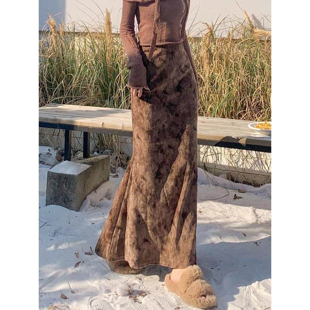 扎染覆古丝绒鱼尾半身裙女春夏长裙到脚踝半裙气质高腰显瘦包臀裙