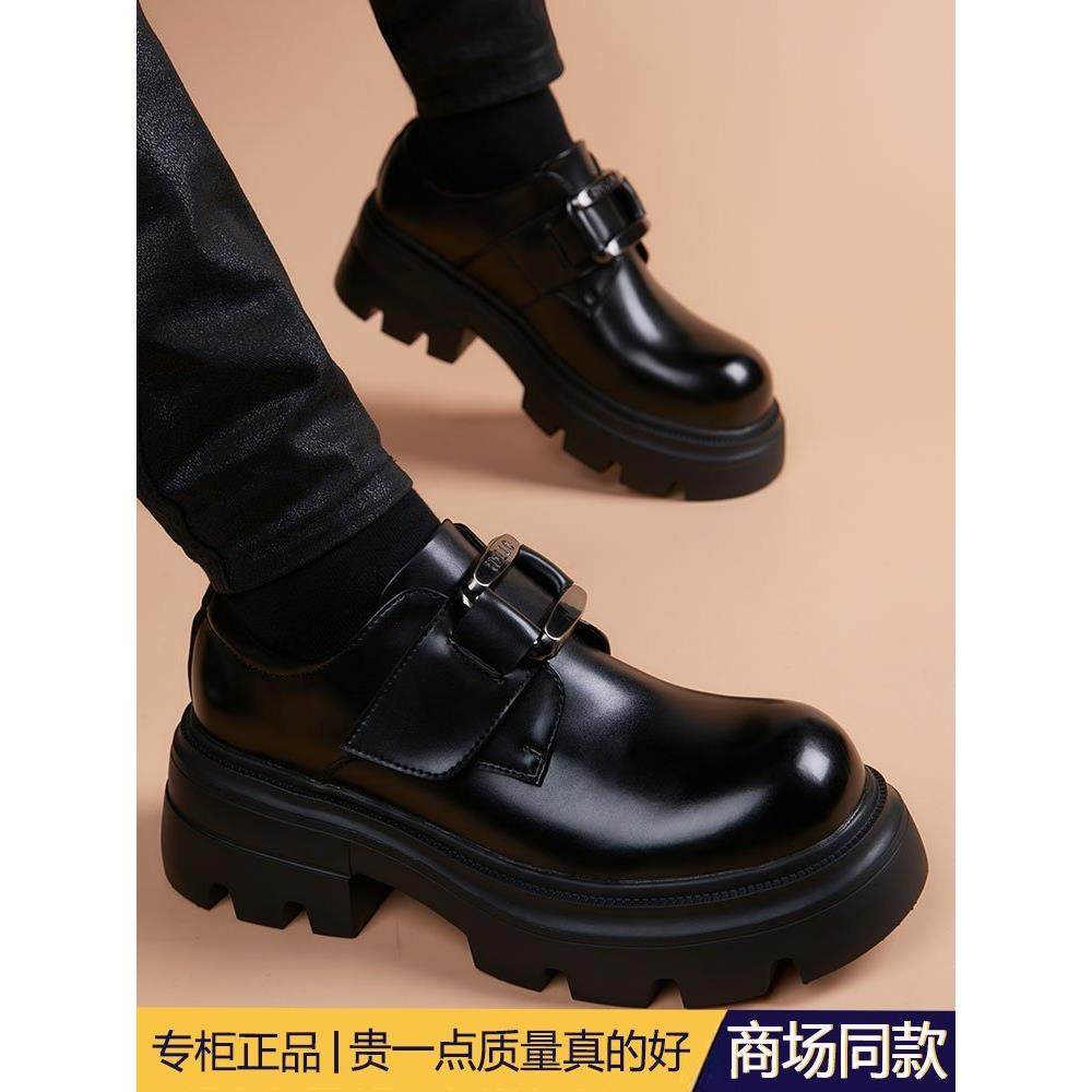 高端休闲皮鞋一脚蹬男士秋冬季真皮透气厚底内增高德比鞋搭扣男鞋