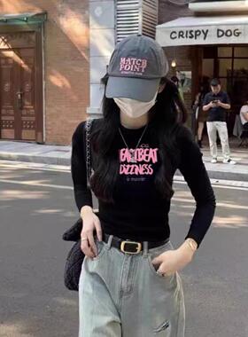 韩国黑色女t恤短款2025秋季新款气质修身圆领百搭纯棉长袖上衣潮