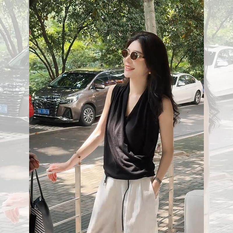 韩系黑色V领无袖吊带背心女夏季新款遮副乳内搭短款外穿美背上衣