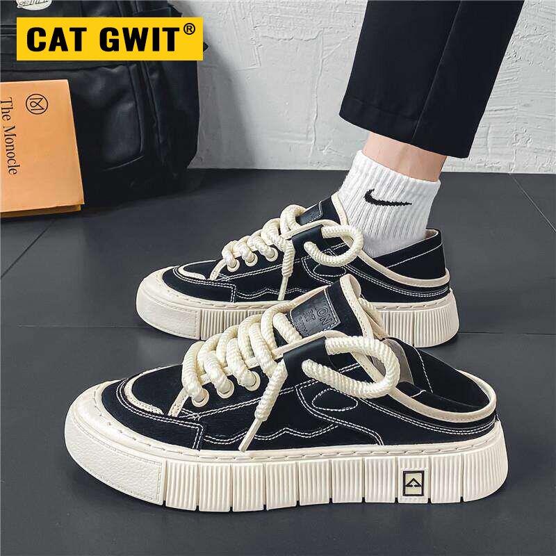 CAT GWIT帆布男鞋春季透气休闲懒人无后跟半拖一脚蹬布鞋运动厚底
