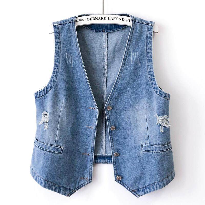 韩国春秋新款牛仔马甲女个性时尚破洞背心无领大码外套短款马夹潮