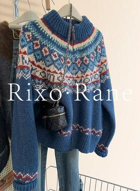 法国Rixo Rane 秋冬BI备?法式蓝色费尔岛高领拉链慵懒风加厚毛衣