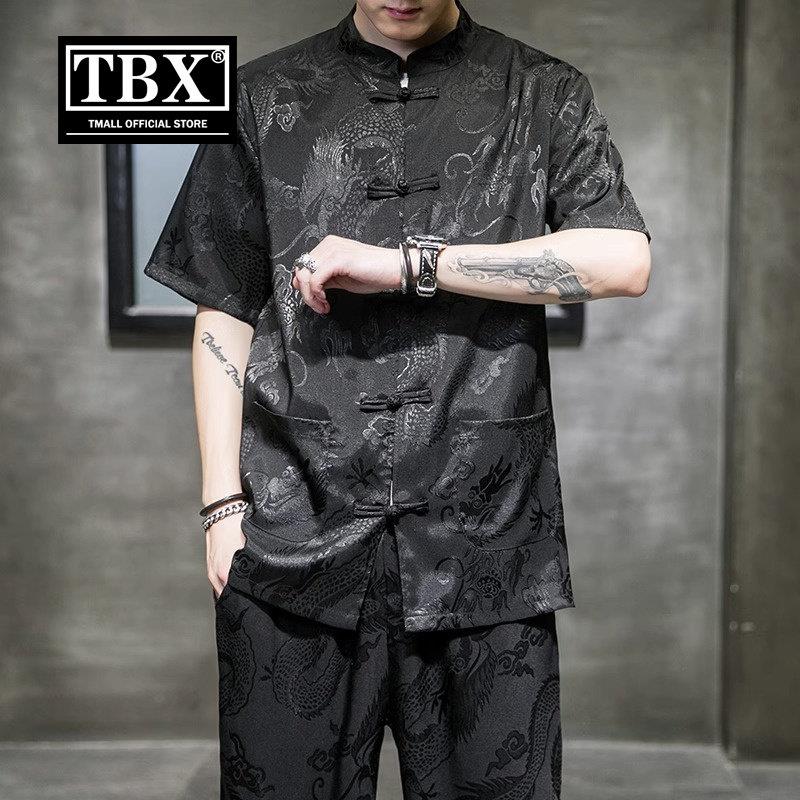 高端衬衫男士短袖2025新款中国风龙纹汉服夏季套装新中式唐装男款