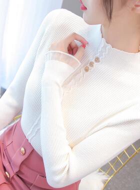 半高领打底衫女蕾丝秋冬内搭2025新款加厚修身白色毛衣针织衫上衣
