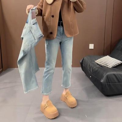 欧洲站2025年春秋新款高腰九分直筒牛仔裤女大码弹力窄版烟管裤潮