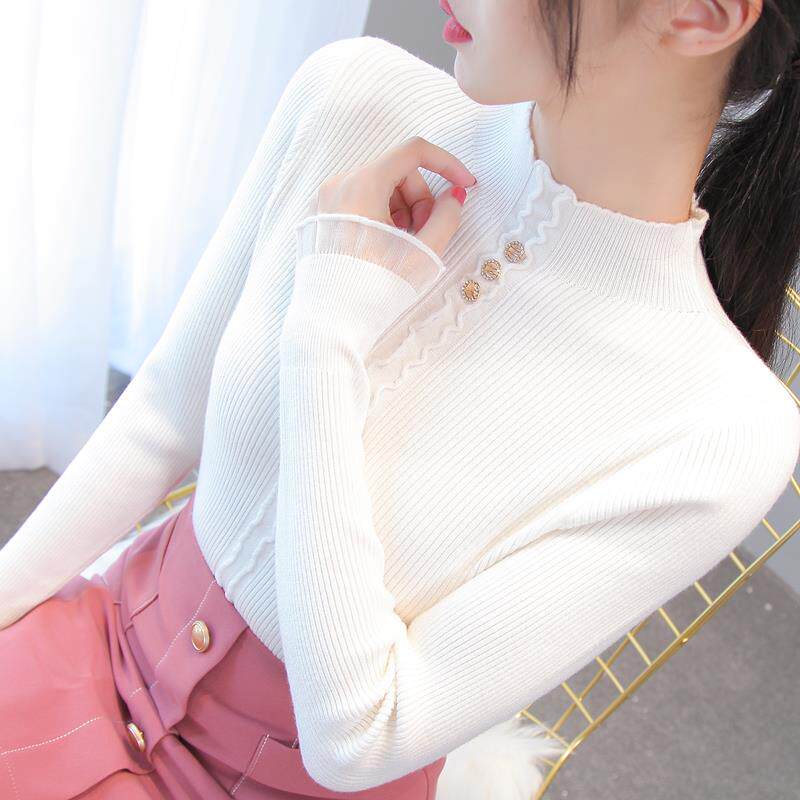 半高领打底衫女蕾丝秋冬内搭2025新款加厚修身白色毛衣针织衫上衣