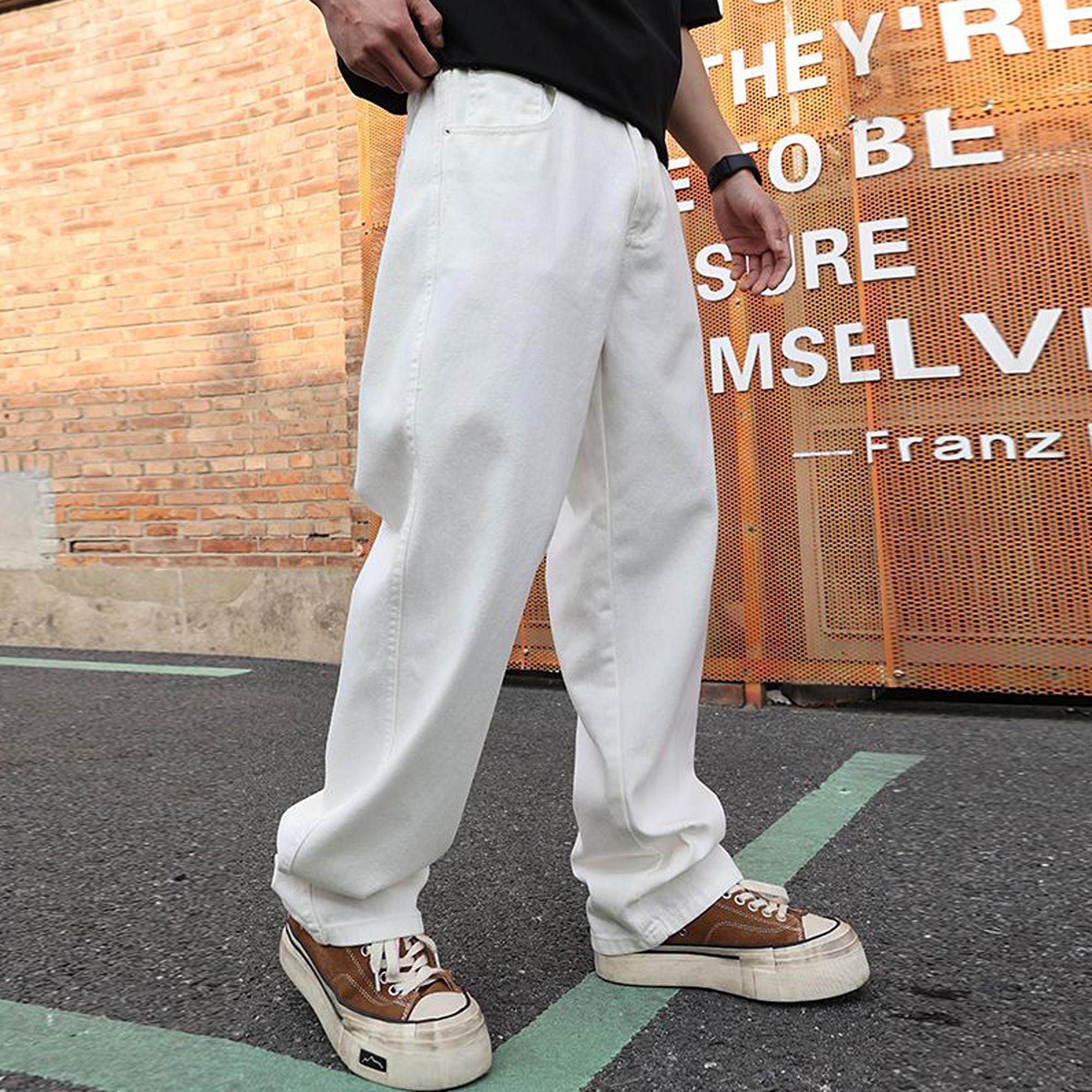 香港潮牌白色牛仔裤男春夏季美式vibe高街阔腿拖地裤男士直筒裤子