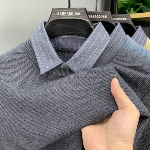 严选高端男士内搭打底针织衫秋冬季带领保暖上衣衬衫领假两件毛衣