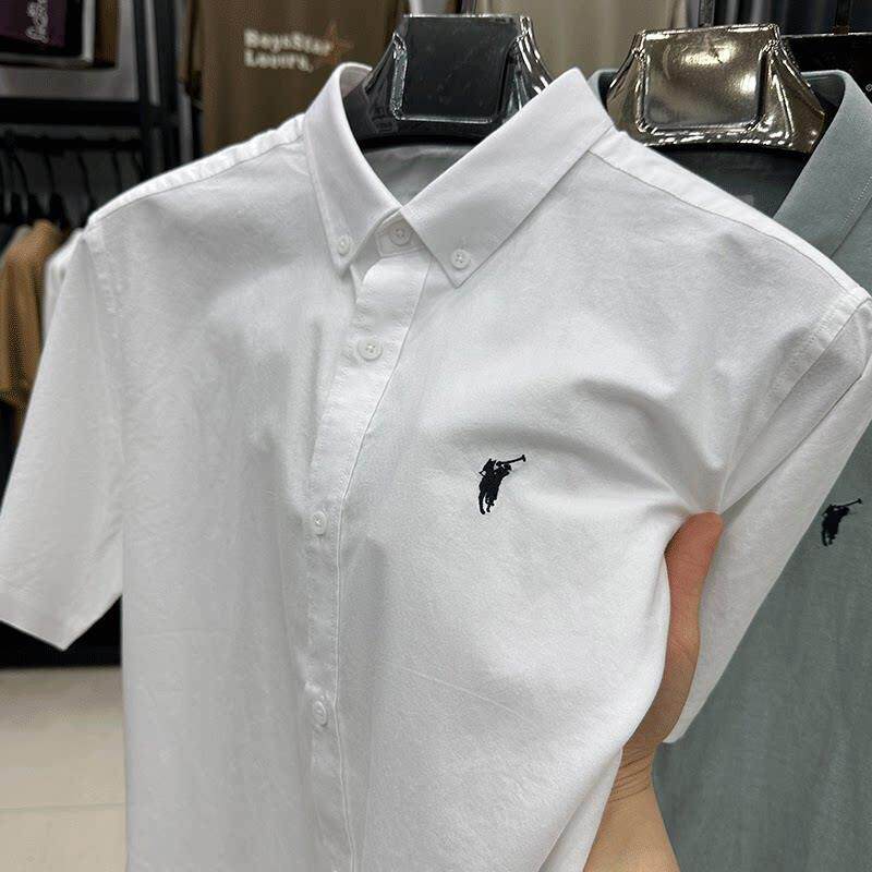 简约百搭纯色衬衫男士潮牌休闲刺绣纯棉短袖衬衣商务尖领体恤衫男