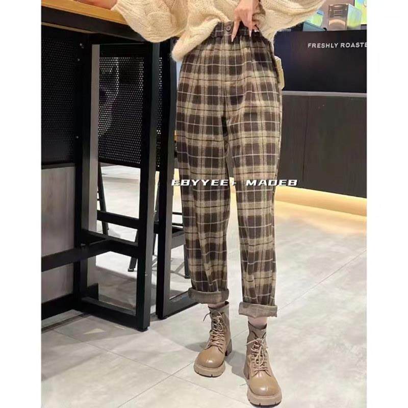 欧洲站2025年冬季新款显瘦宽松格子休闲裤女哈伦萝卜裤加厚毛呢裤
