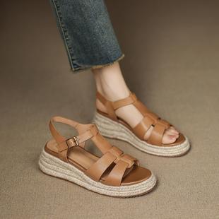 小个子增高坡跟罗马凉鞋 意大利Raraente 真皮圆头草编露趾凉鞋