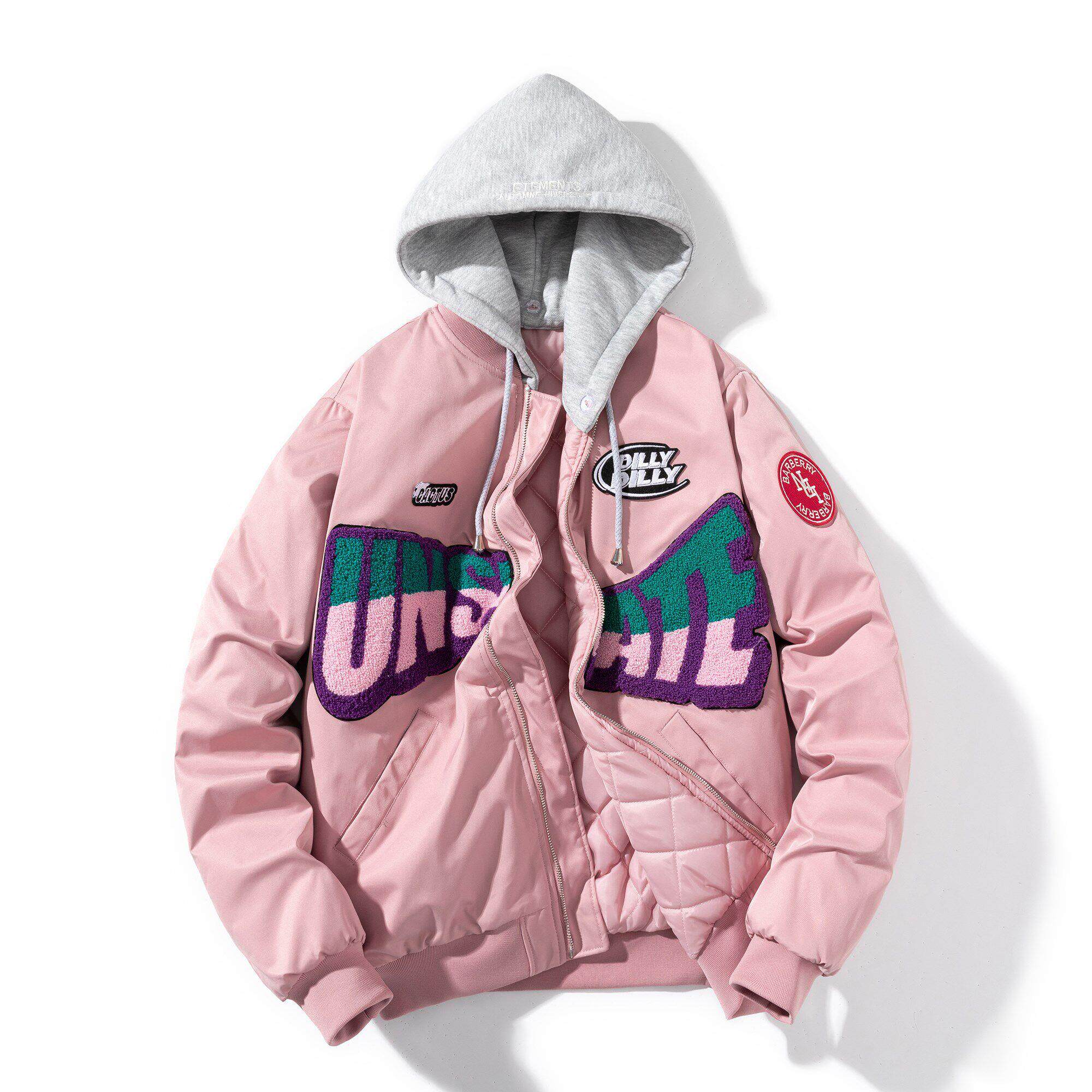 潮牌秋冬季男女情侣装飞行员夹克宽松棉衣棒球服加厚粉色刺绣外套