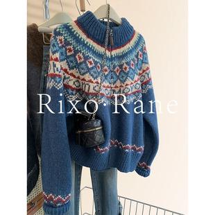 蓝色费尔岛高领拉链慵懒风加厚毛衣 秋冬BI备?法式 法国Rixo Rane