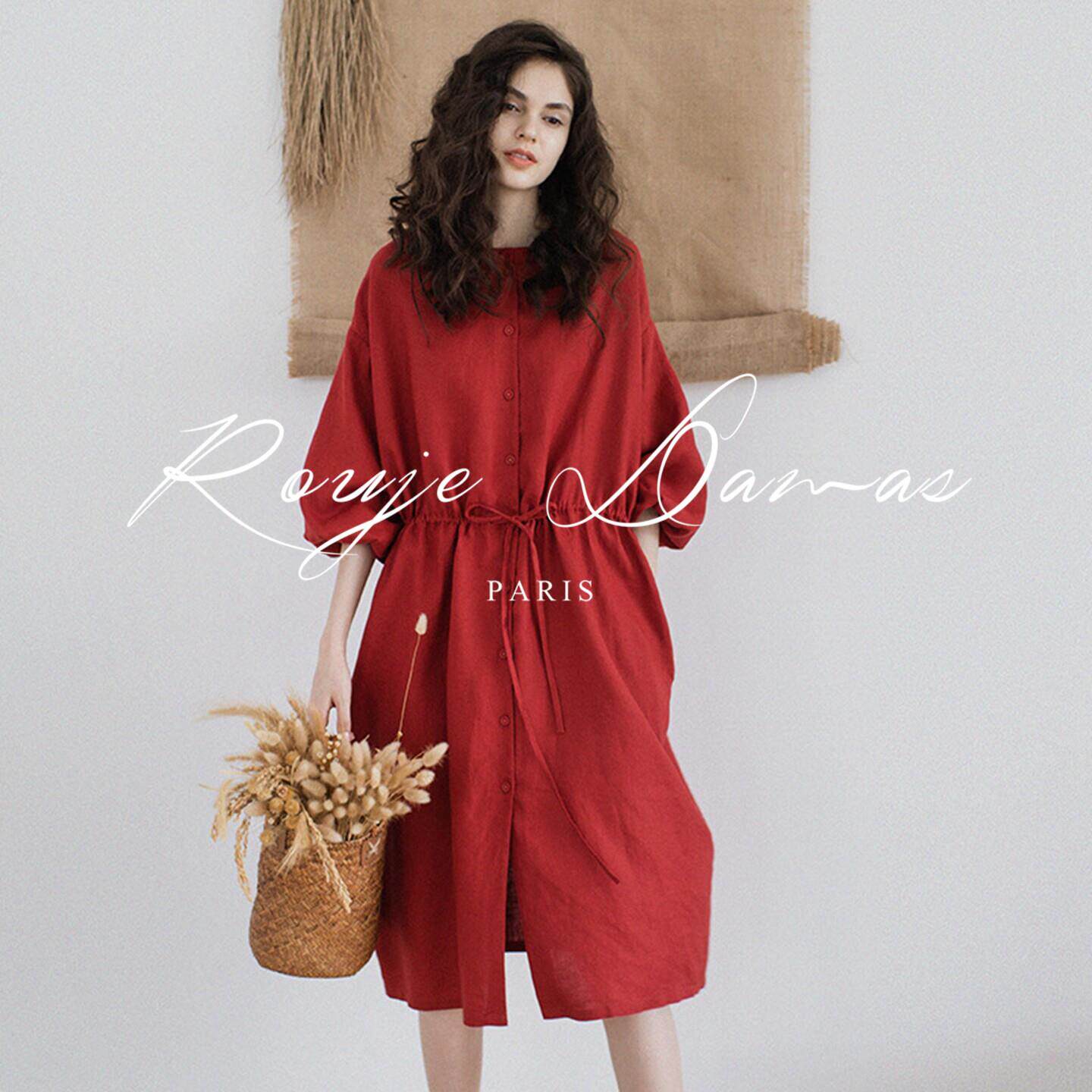 Rouje Damas红色亚麻五分袖洋装女中长版收腰显瘦棉麻衬衫裙子