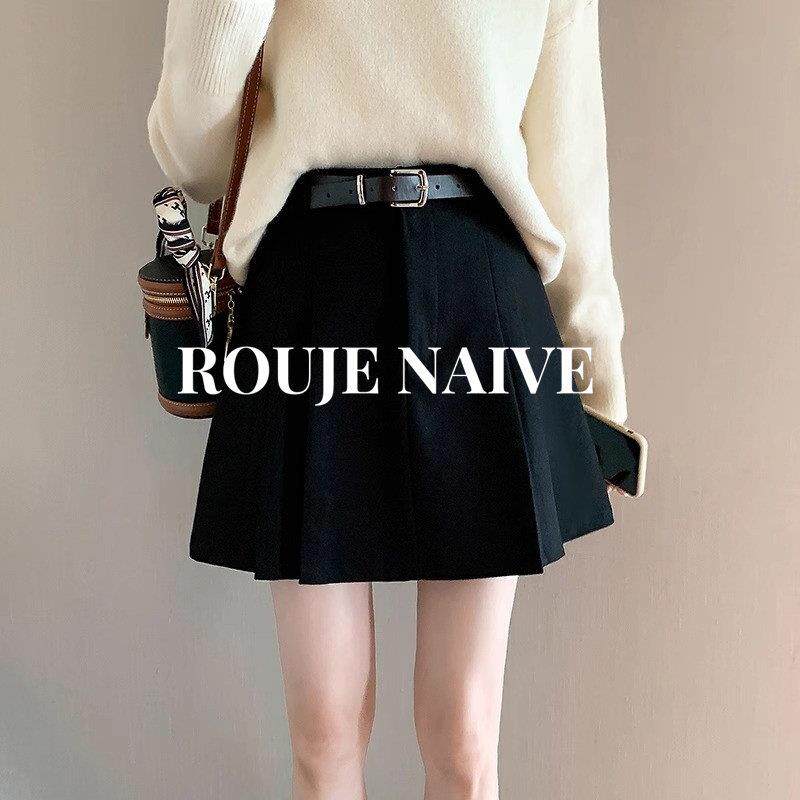 ROUJE NAIVE毛呢百褶半身裙女春秋新款小个子a字包臀加厚高腰短裙