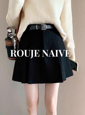 ROUJE NAIVE毛呢百褶半身裙女春秋新款小个子a字包臀加厚高腰短裙