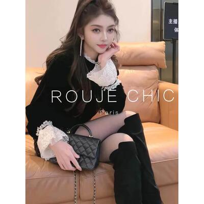 ROUJE CHIC法式高级感蕾丝拼接黑色丝绒衬衫女冬洋气内搭小衫上衣